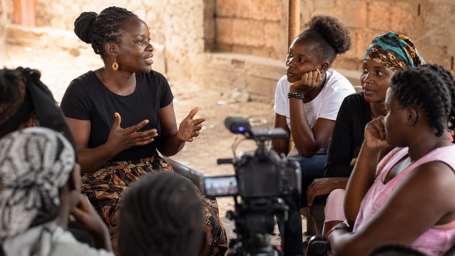 Documentary crew filming a women-led community discussion outdoors