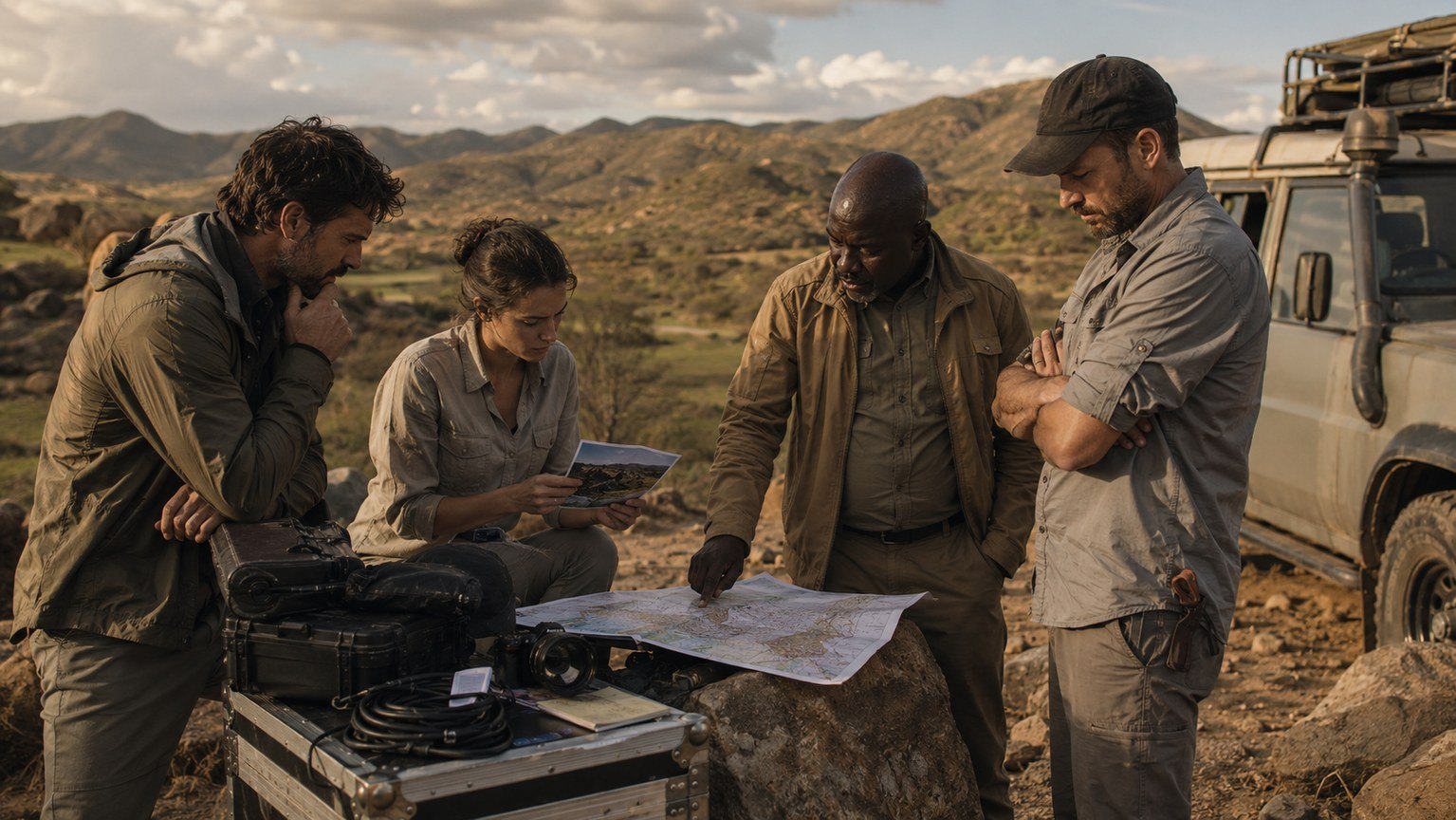 Production team and local guides reviewing a site plan overlooking an African lake
