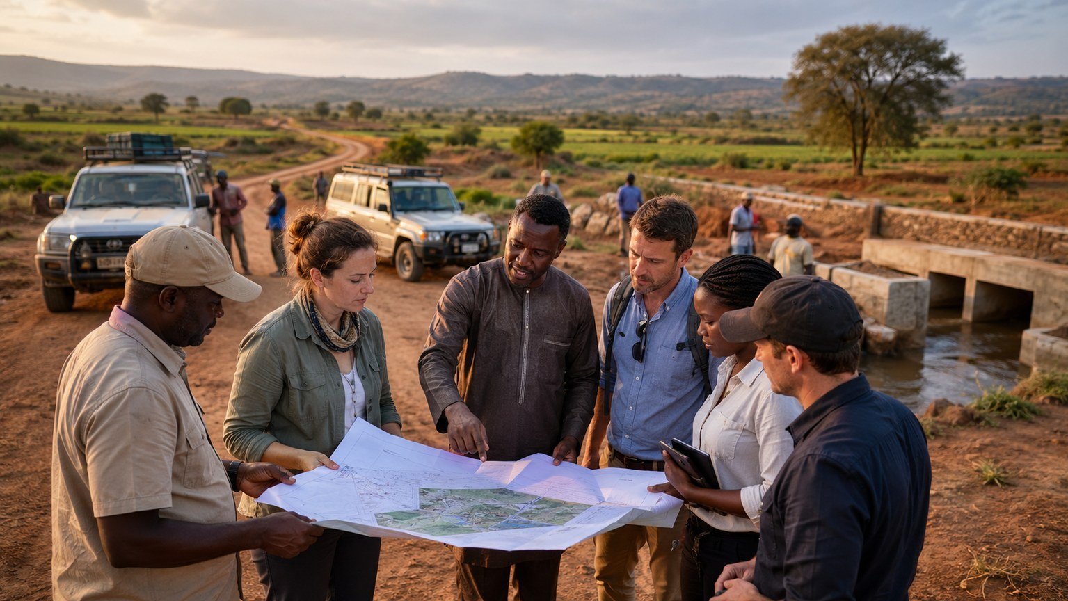 Field team planning logistics around vehicles and equipment on rural farmland